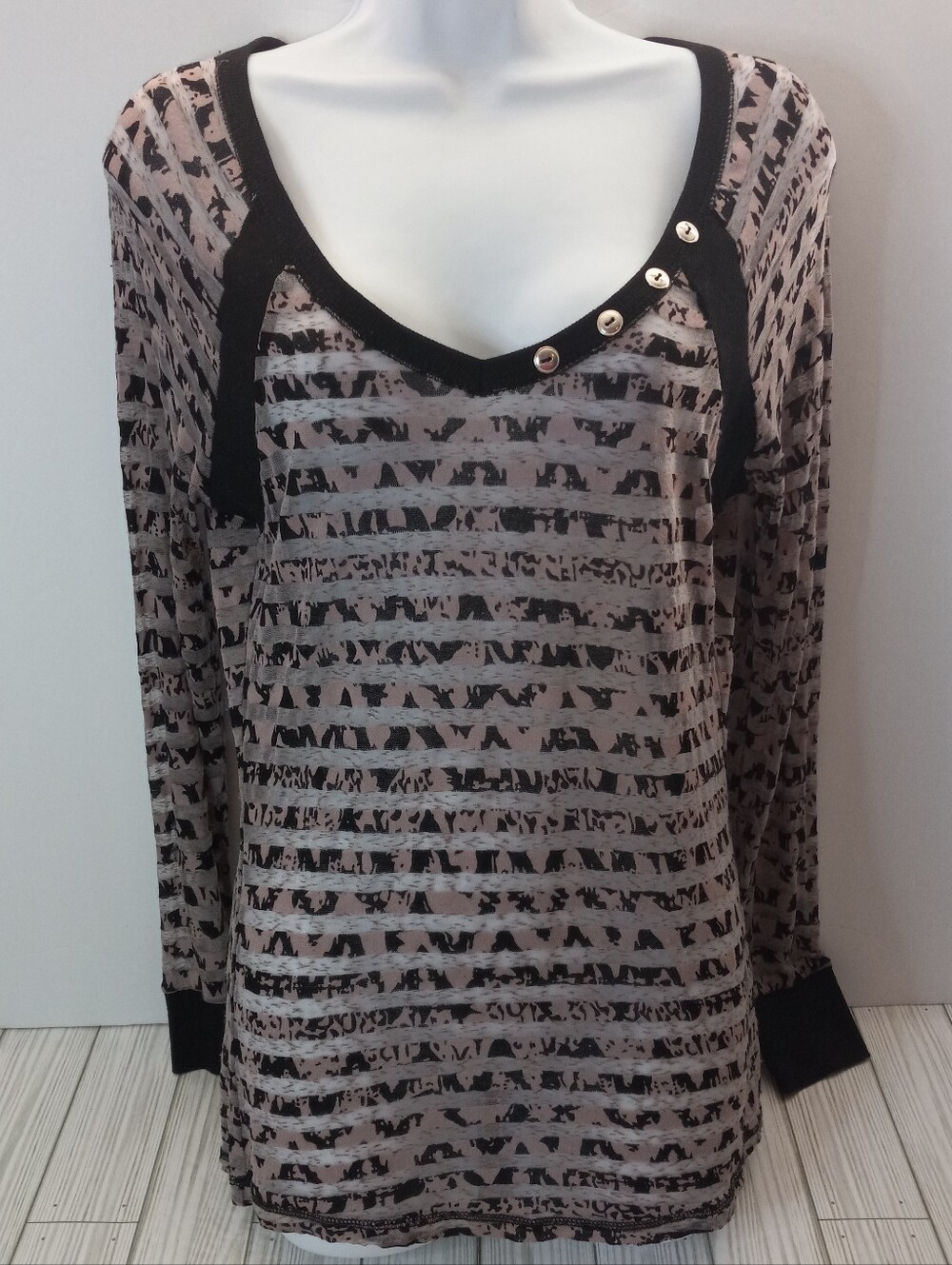 BKE Emo V-neck Y2K Long Sleeve Semi Sheer Top with Button Detail